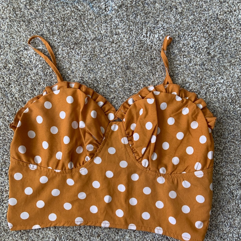Orange and white polka dot ruffle crop top